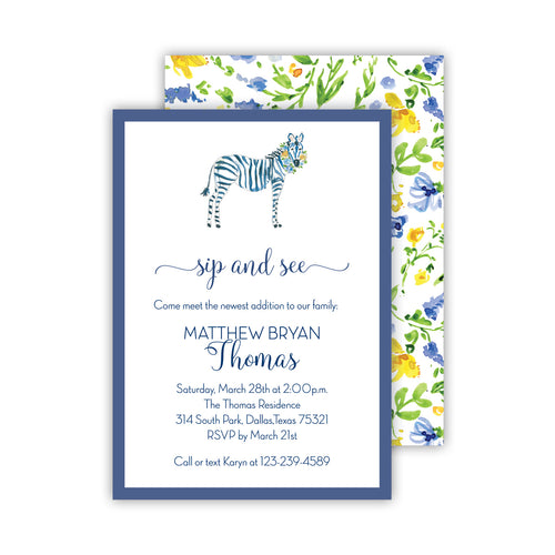 Blue Zebra-Floral Medium Flat Invitation