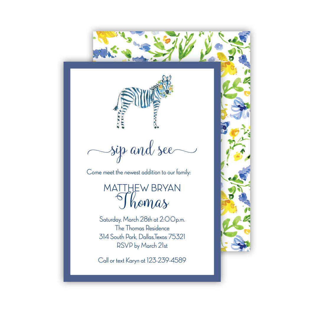 Blue Zebra-Floral Medium Flat Invitation