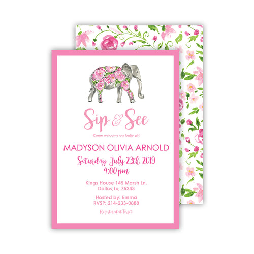 Pink Elephant-Floral Medium Flat Invitation