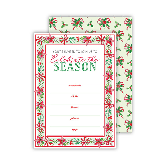 Poinsettias with Holly and Bows Fill-In Invitation