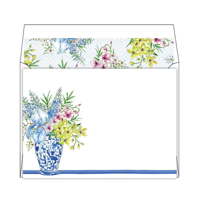 Floral Arrangement Blue Vase Flat Note Stationery