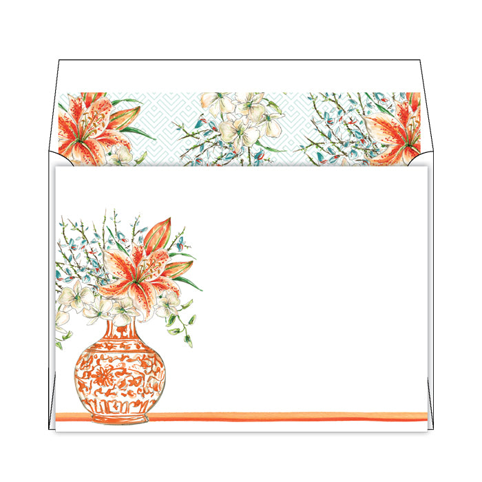 Floral Arrangement Tangerine Vase Flat Note Stationery
