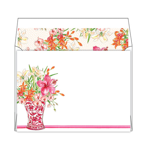 Floral Arrangement Pink Vase Flat Note Stationery