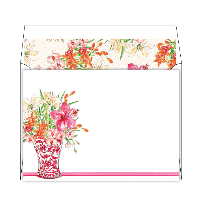 Floral Arrangement Pink Vase Flat Note Stationery