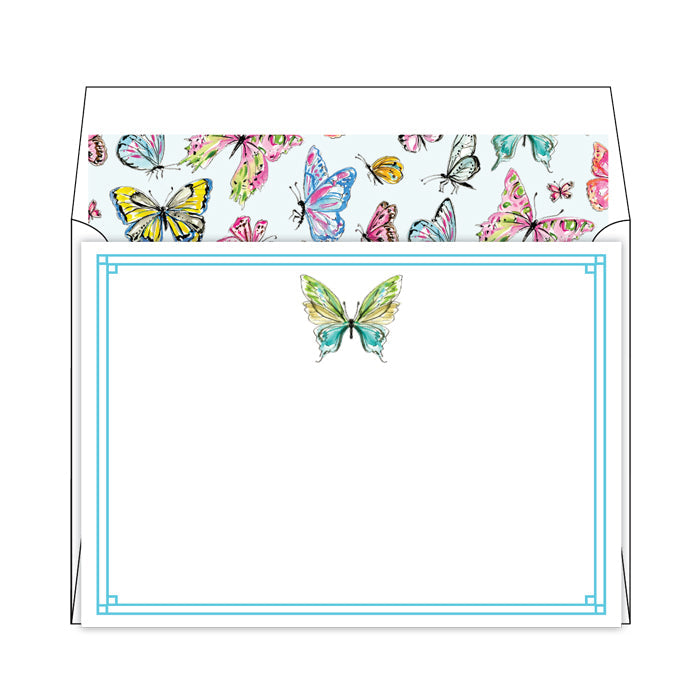 Handpainted Butterfly Blue and Green Flat Note Stationery