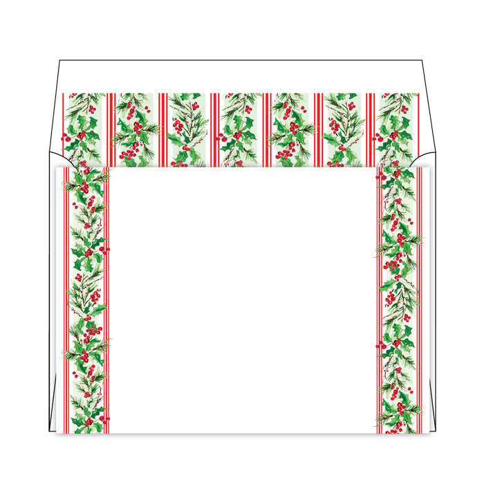 Greenery with Holly Berries Stripe Pattern Flat Note Stationery