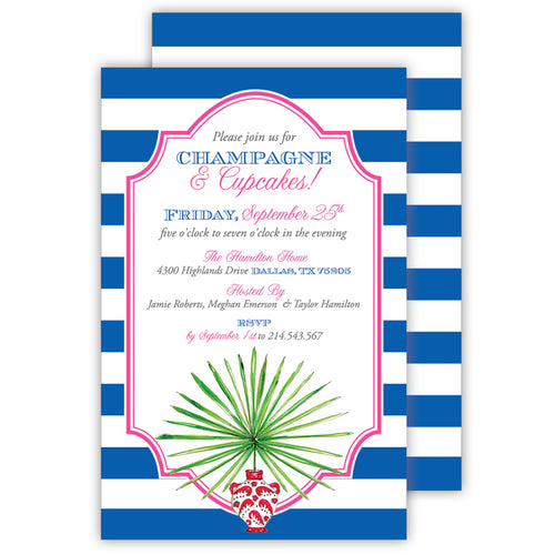Potted Palm Pink with Navy Stripe Large Flat Invitation
