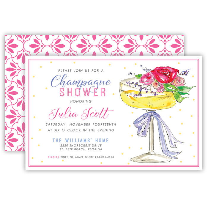 Champagne Glass with Flowers Large Flat Invitation