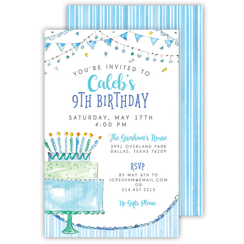 Blue Birthday Cake with Candles Large Flat Invitation
