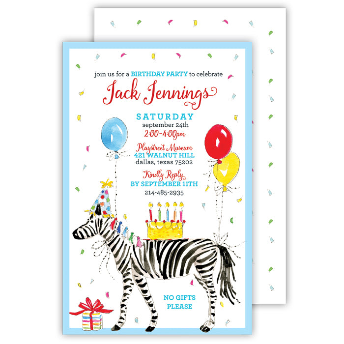 Birthday Zebra Large Flat Invitation