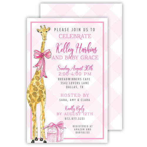 Handpainted Giraffe Pink Large Flat Invitation