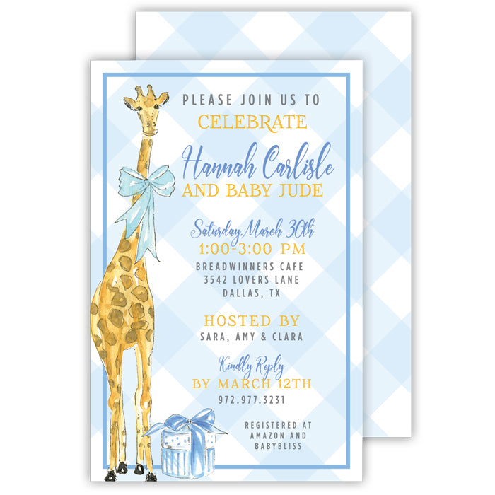 Handpainted Giraffe Blue Large Flat Invitation
