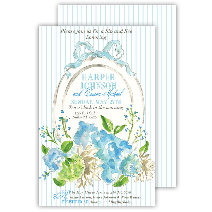 Handpainted Floral Mirror Blue Large Flat Invitation