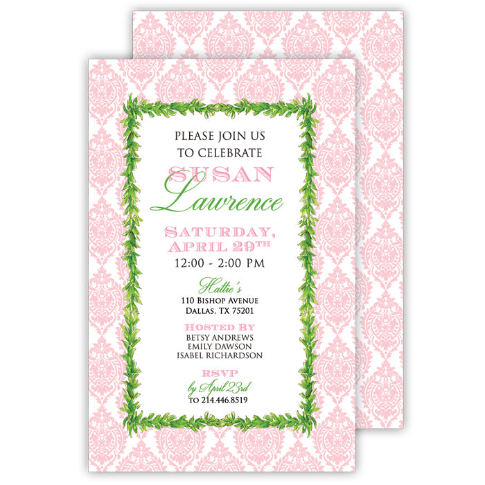 Pink Damask with Greenery Large Flat Invitation