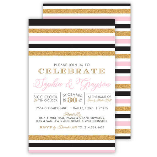 Pink Black Gold Stripes Large Flat Invitation
