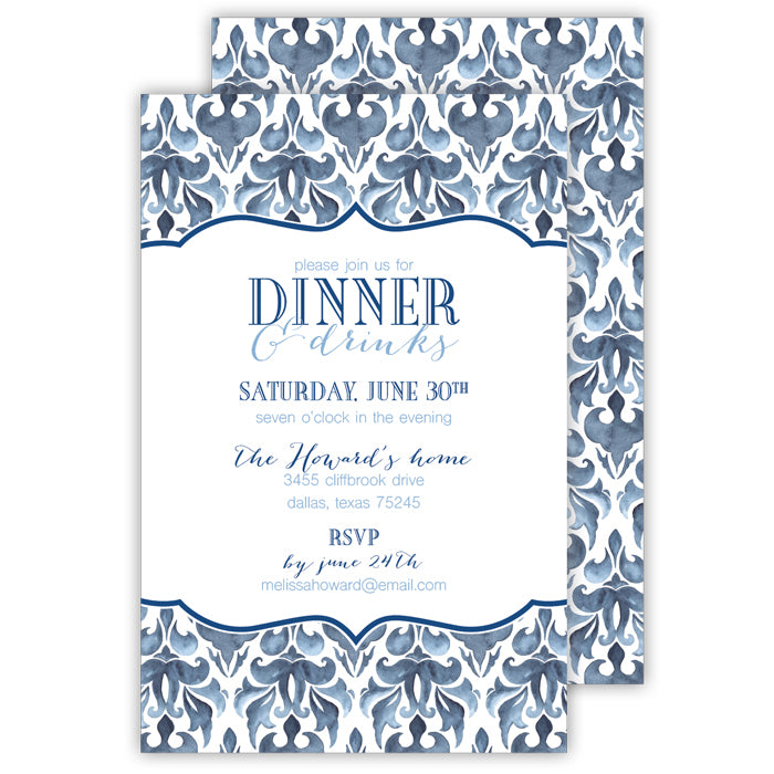 Blue and White Design Border Large Flat Invitation