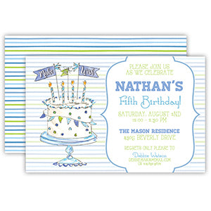 Party Birthday Cake Blue Large Flat Invitation