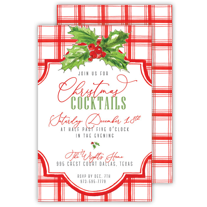 Red Plaid with Holly Large Flat Invitation