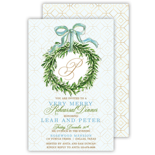 Holiday Wreath with Blue Bow Large Flat Invitation