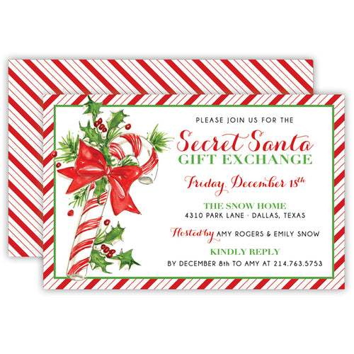 Candy Cane with Holly and Bow Large Flat Invitation