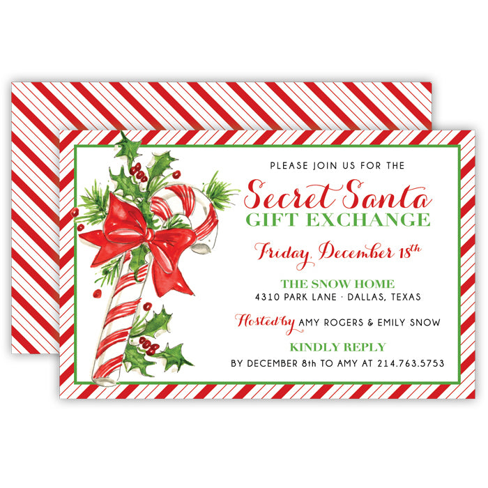 Candy Cane with Holly and Bow Large Flat Invitation