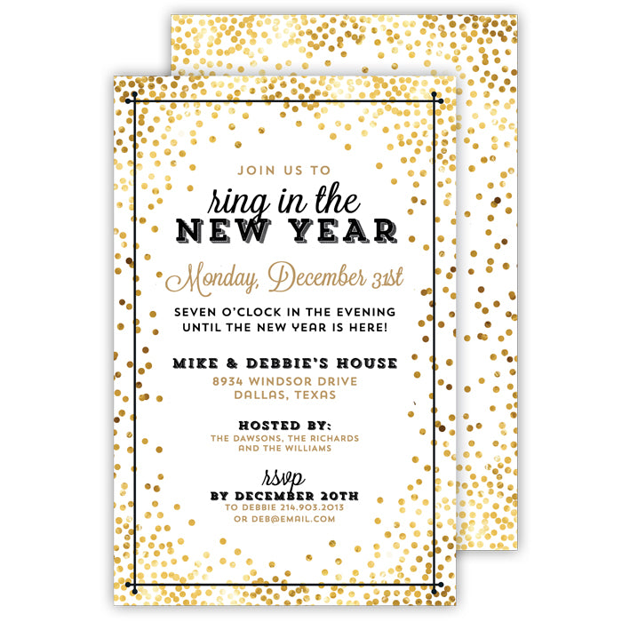 Gold Confetti with Black Border Large Flat Invitation