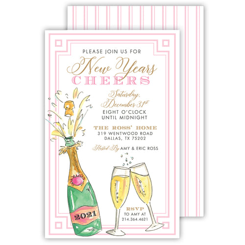 New Years Popped Champagne Bottle and Glasses Large Flat Invitation