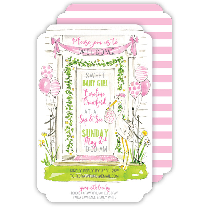 Front Door Stork and Balloons Pink Large Die-Cut Invitation