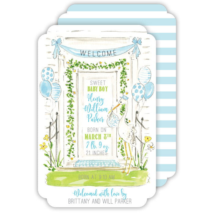 Front Door Stork and Balloons Blue Large Die-Cut Invitation