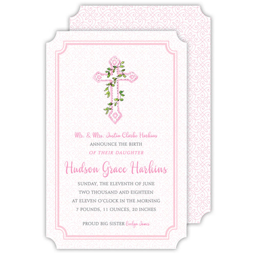 Handpainted Cross with Ivy Pink Large Die-Cut Invitation