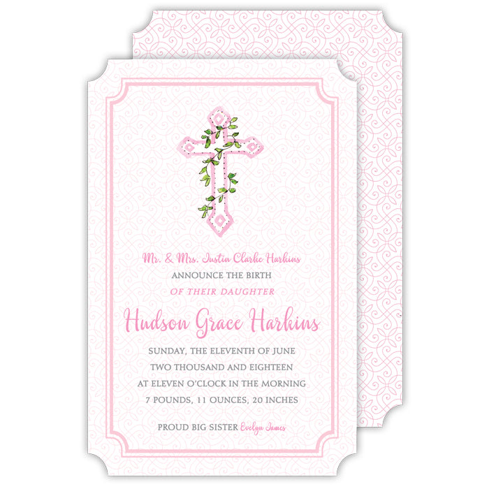 Handpainted Cross with Ivy Pink Large Die-Cut Invitation