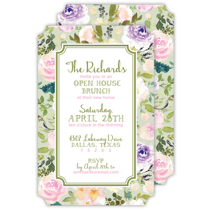 Green and Purple Floral Border Large Die-Cut Invitation