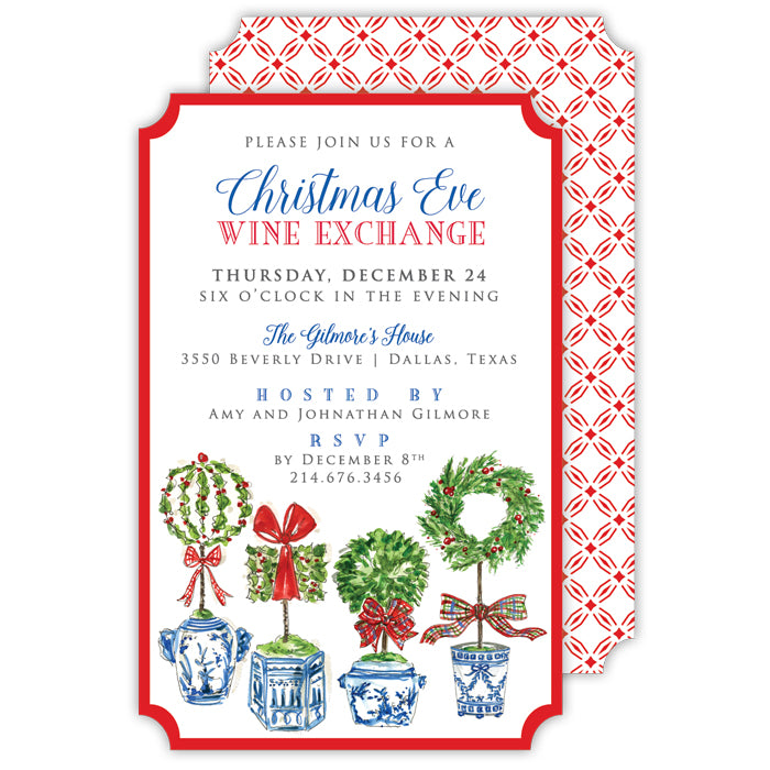 Holiday Topiaries with Red Border Large Die-Cut Invitation